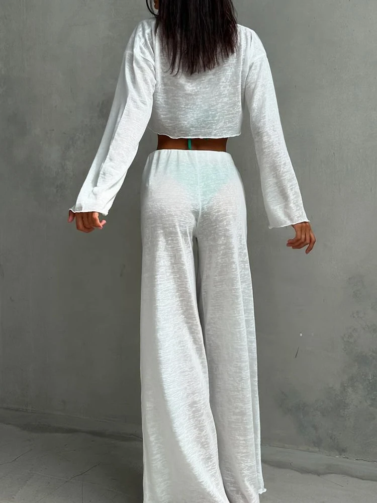 Linad Loose Pajamas For Women 2 Piece Sets White Long Sleeve O Neck Crop Top Female Trouser Suits 2024 Autumn Casual Sleepwear