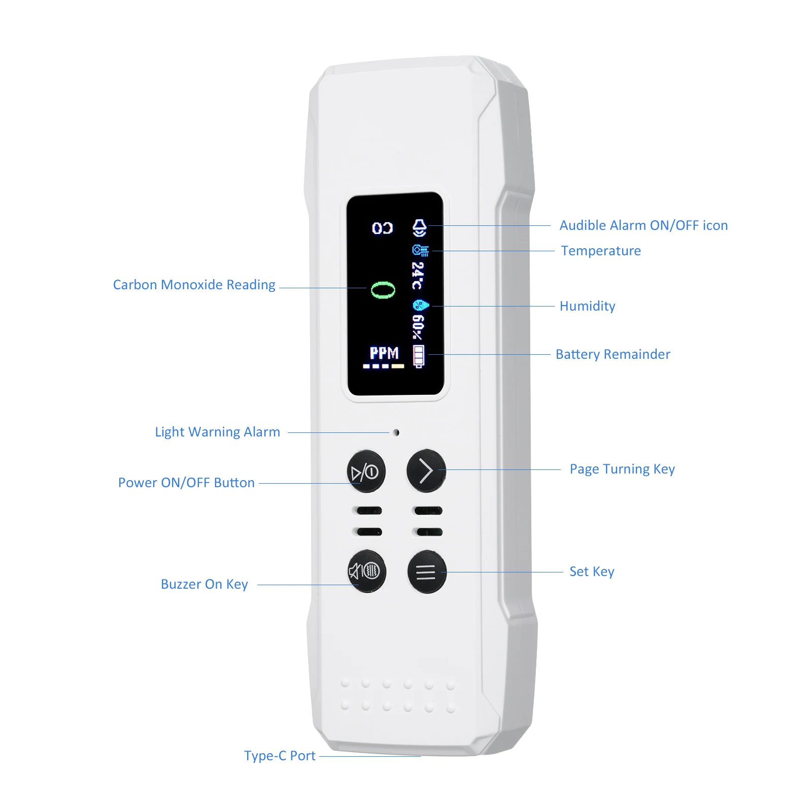 3-in-1 Carbon Monoxide Detector CO Meter 0-1000PPM Portable Air Quality Monitor Lanyard Alarm CO Gas Meter Temperature Sensor