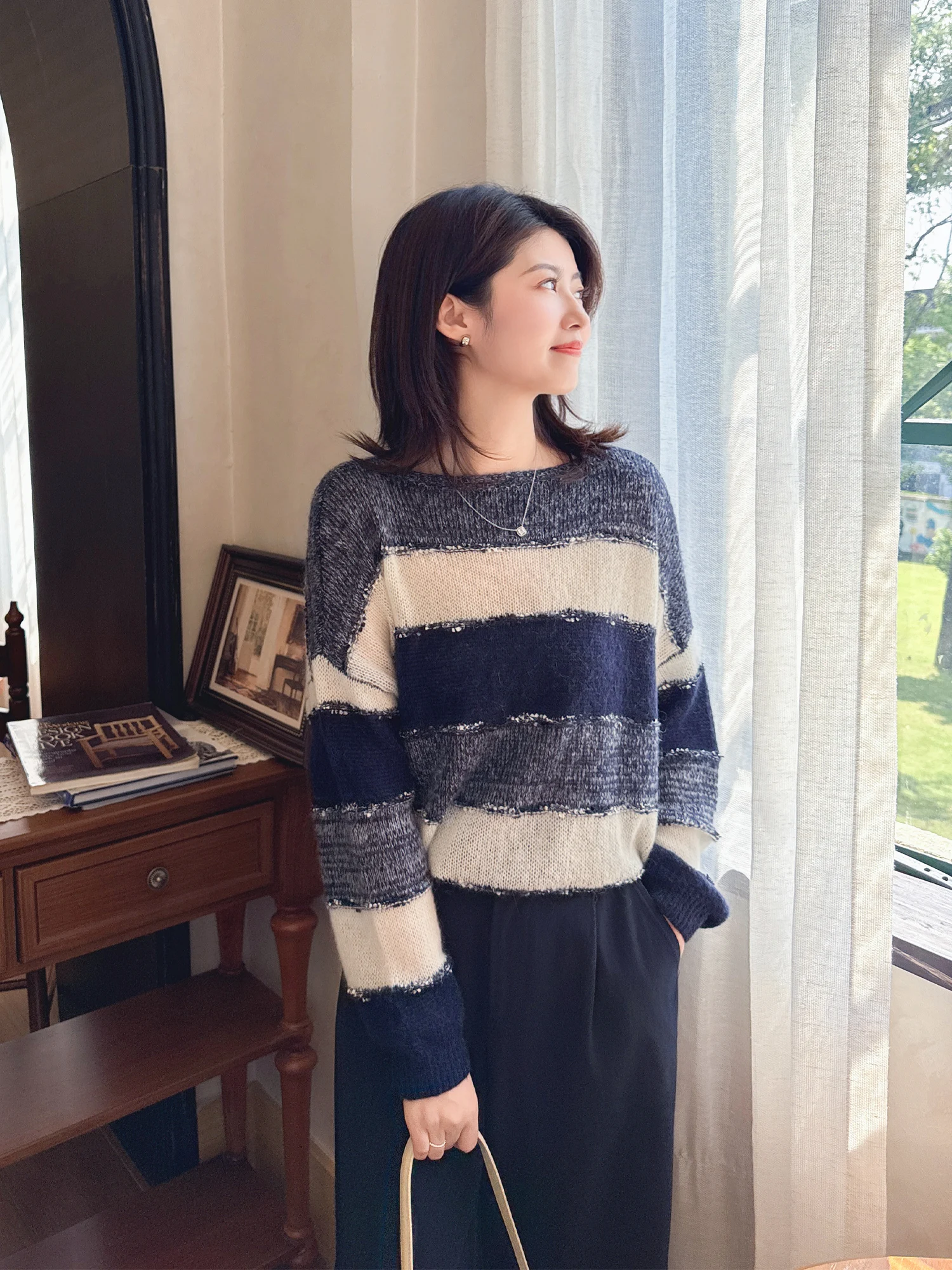 

Мягкий вязаный свитер Zillal Cloud Soft Color Feather Loose Lazy Sle с контрастными полосками, длинными рукавами, женский повседневный топ