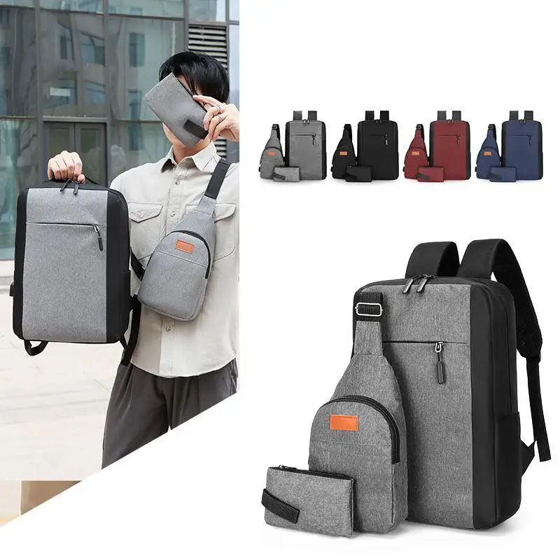 Student Schoolbag Three-piece Backpack Men's Large Capacity Business Multi-function USB Charging Backpack Travel Computer Bag