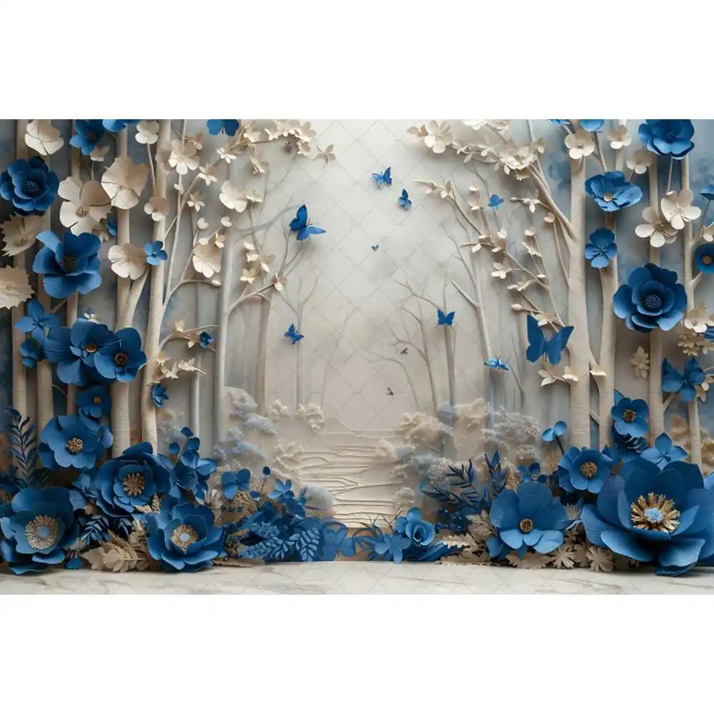 Blue Butterfly Floral Arch Background Decoration Birthday Wedding Cake Smash Children\'s Portrait Background Photo Gallery