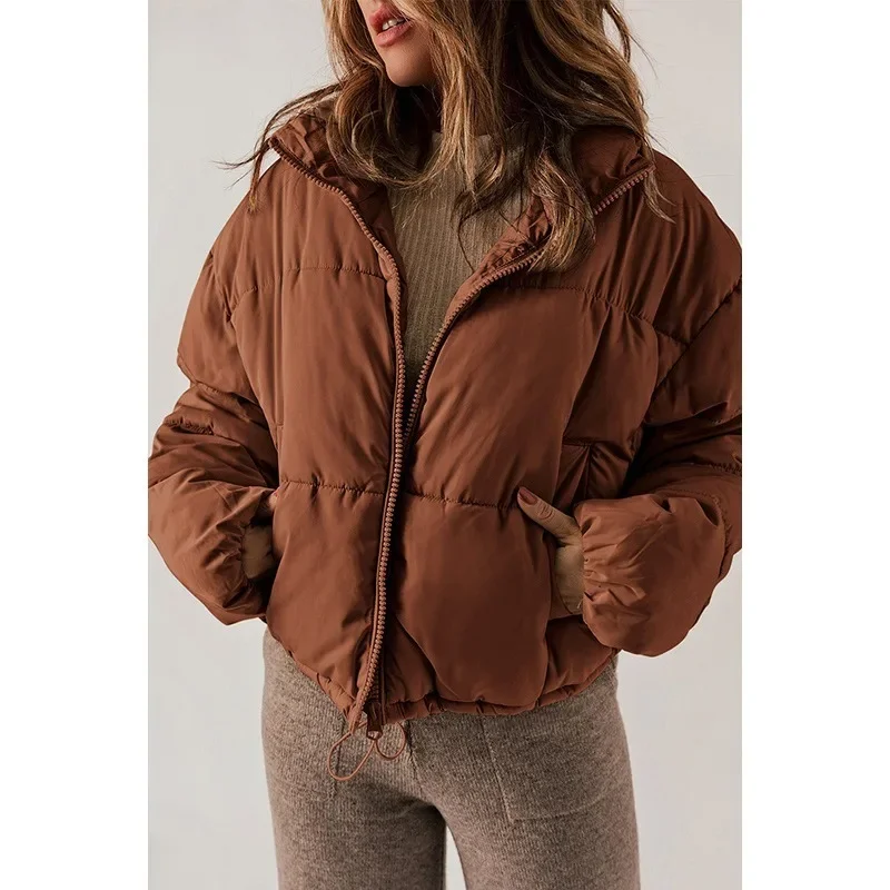 Winter New Style Thickened All-match Warm Cotton-padded Jacket Women 2024 European and American Casual Solid Color Collar Jacket