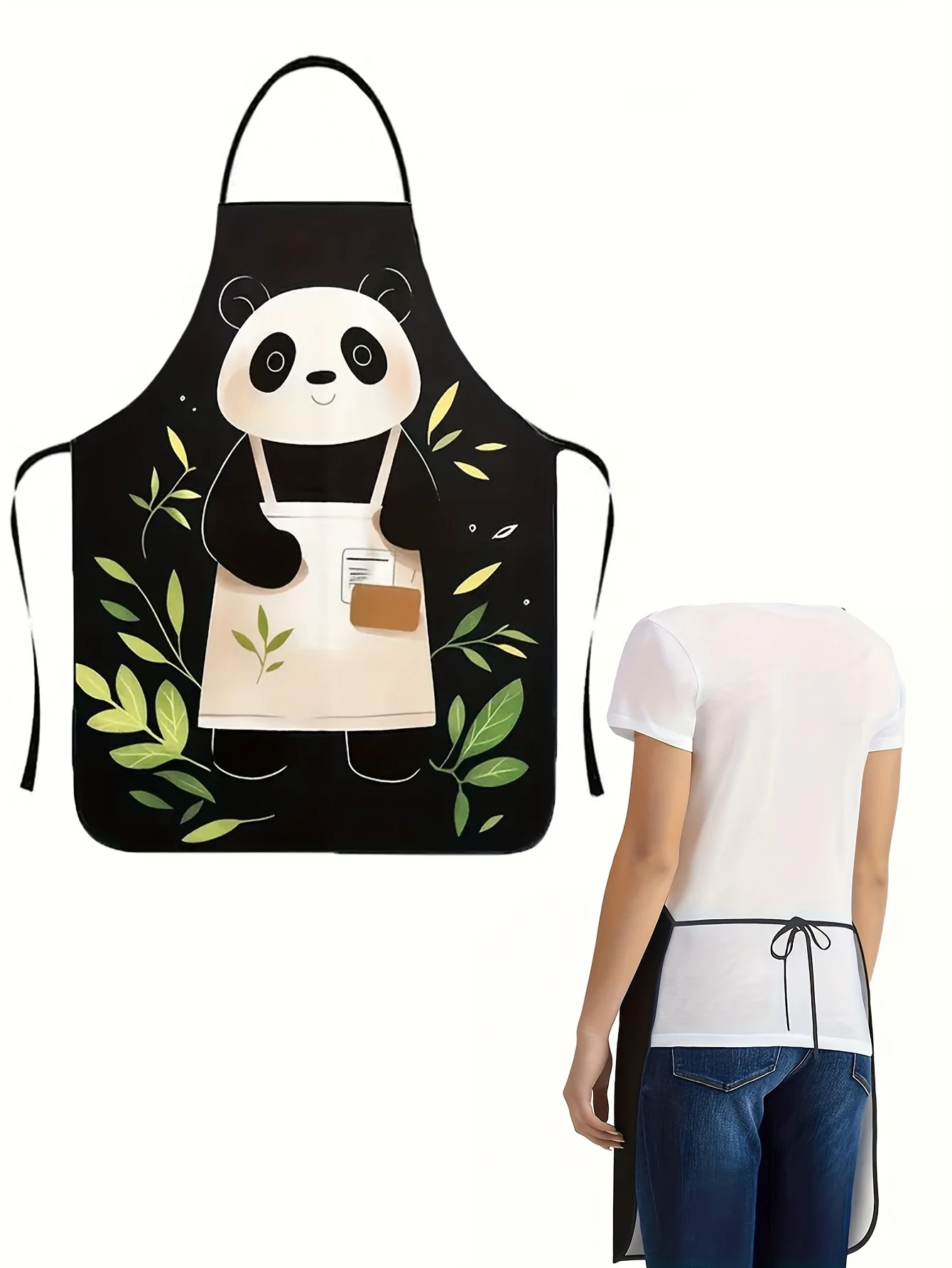 Cartoon Panda & Bamboo Print Apron  Unisex Loose Fit with Back Tie,Durable Non-Stretch Fabric for Cooking,Gardening & Crafting