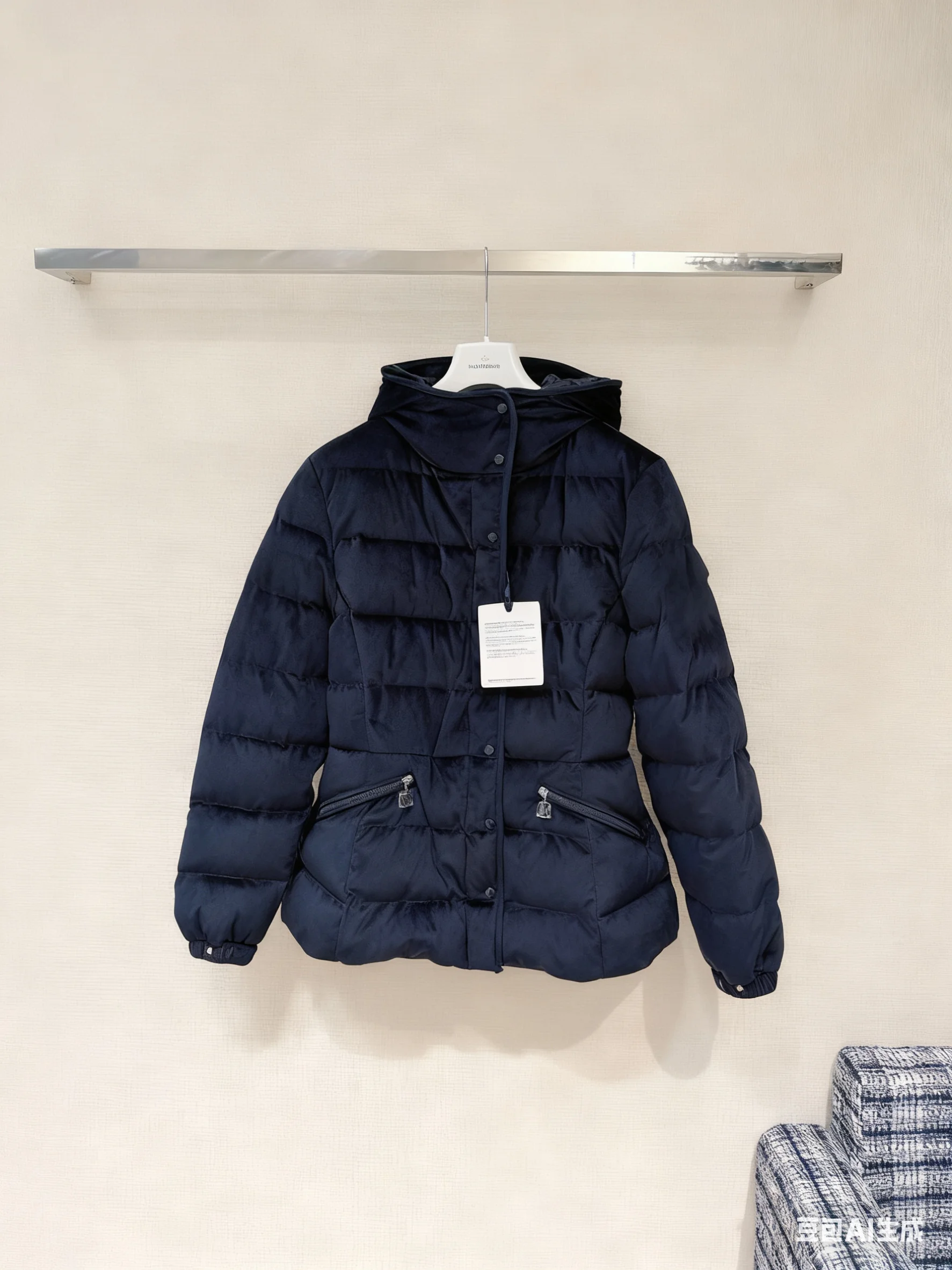 2025, Winter-Neue Damen-Pufferjacke in Marineblau mit Kapuze, glänzender Stoff, warmer Mantel, modisch, lässig, kurze Oberbekleidung mit Taschen