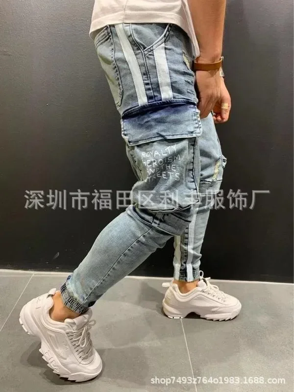 Jeans da uomo pantaloni a matita alla caviglia in Denim con fori a vita media tasche a tubino Slim High Street Patchwork lavaggio leggero Strech