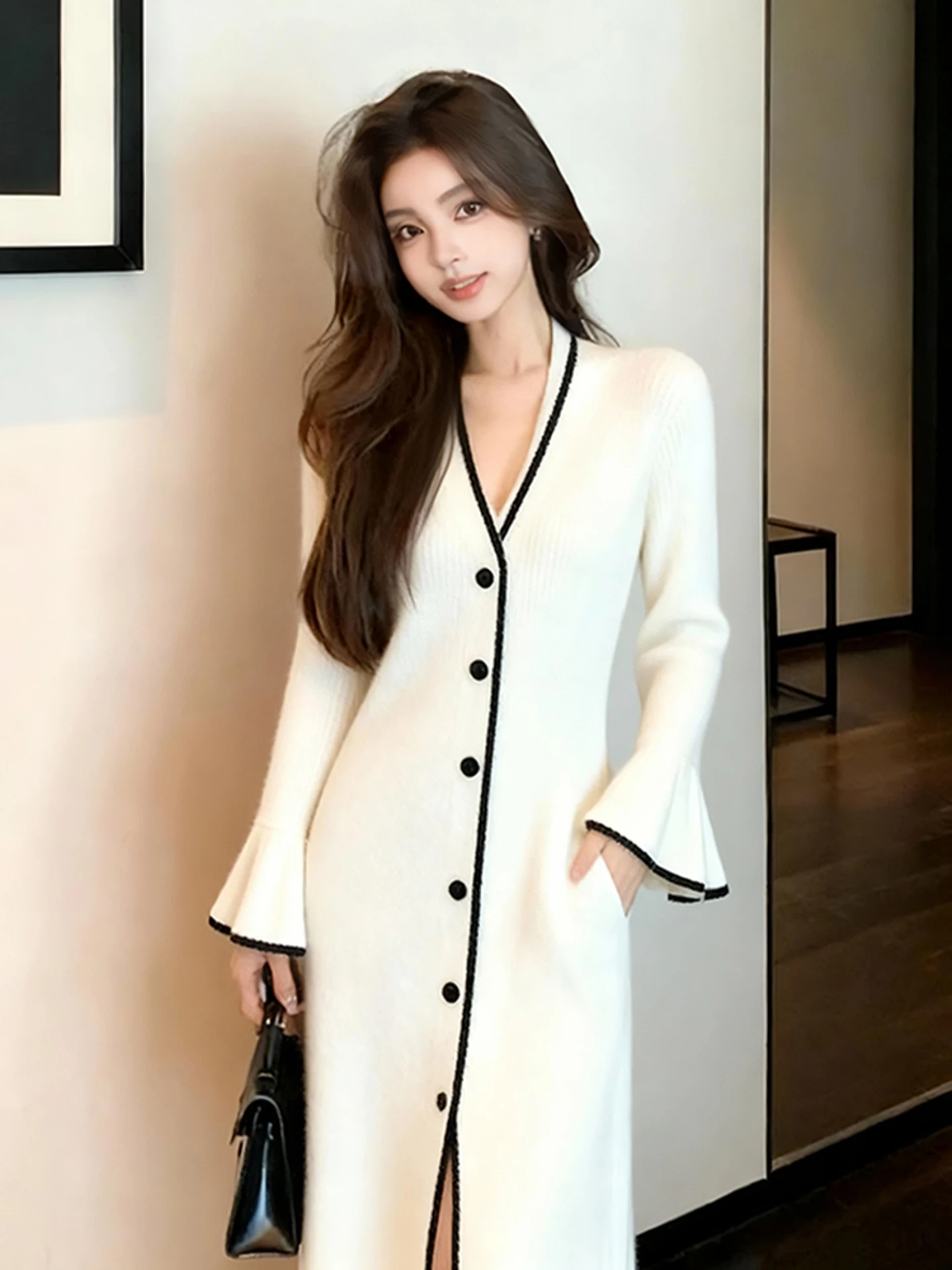 

Вязаное длинное платье-сарафан из хлопка Slim Fit во французском стиле для особых случаев, весенняя коллекция, женская мода