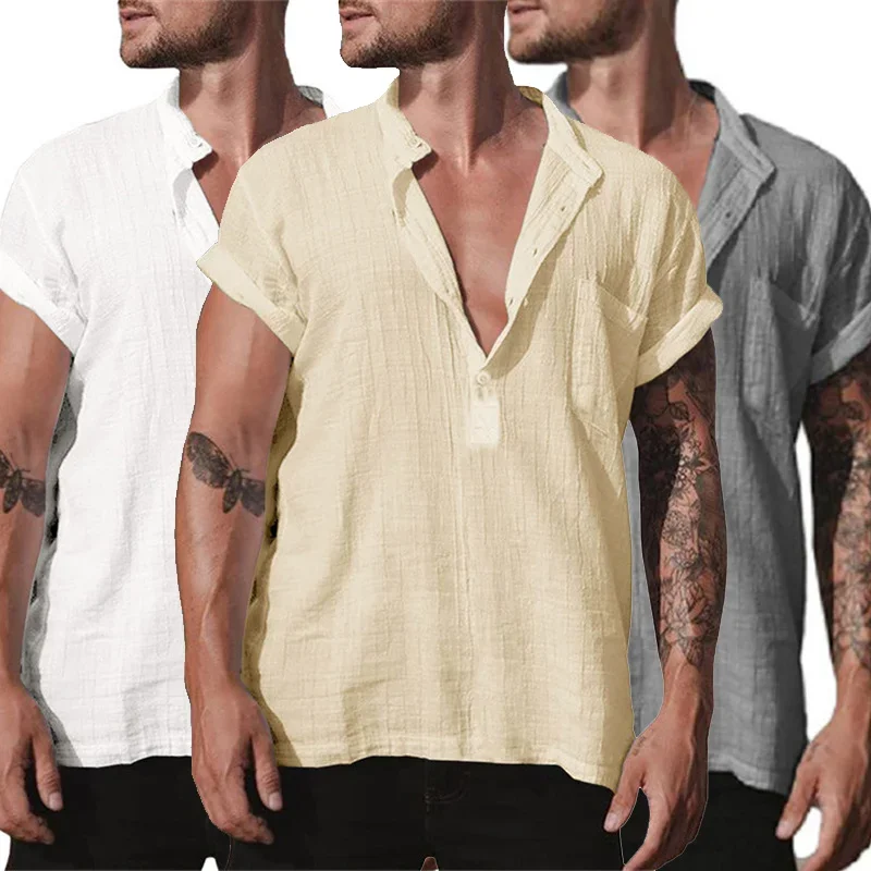 

Pop 2023 New Men's Standing Collar Cotton Linen Short Sleeved Shirt Men's Designer Clothes Popular Tops For Men