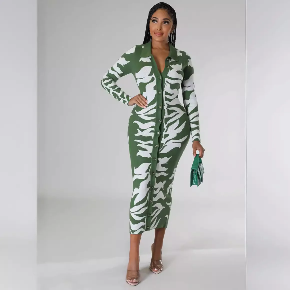 

M3203 Temperament Women's Sleeved Autumn And Winter New Printed Dress Long Skirt