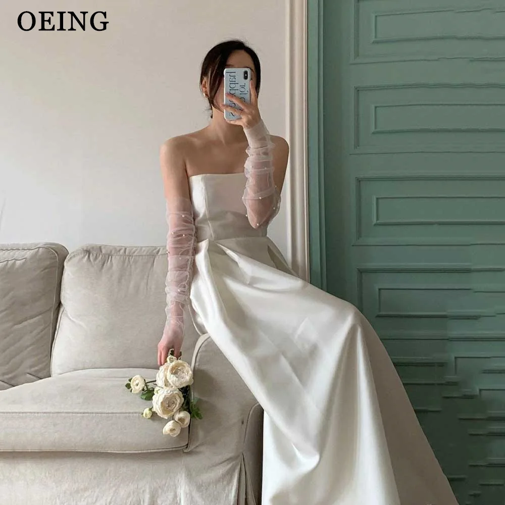 

OEING Simple A Line Korea Wedding Dresses White Strapless Photoshoot Long Sleeves Floor Length Bridal Gowns Corset Back 2024