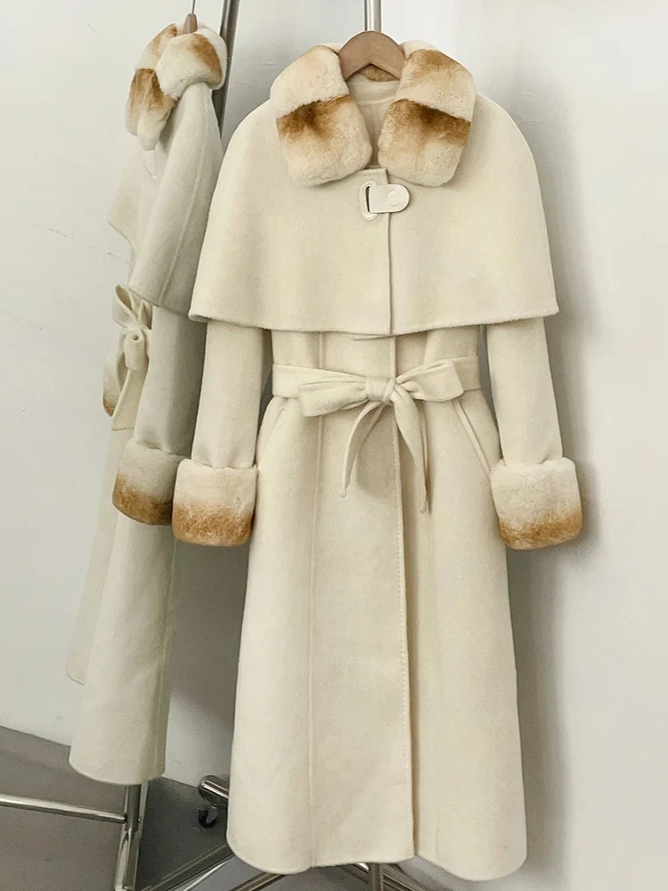 Damen Echtpelzmantel Doppelseitiger Wollmantel mit Gürtel Elegant Weich Neuerscheinung Winter Luxus Wochenend- und Alltagsmode Mantel