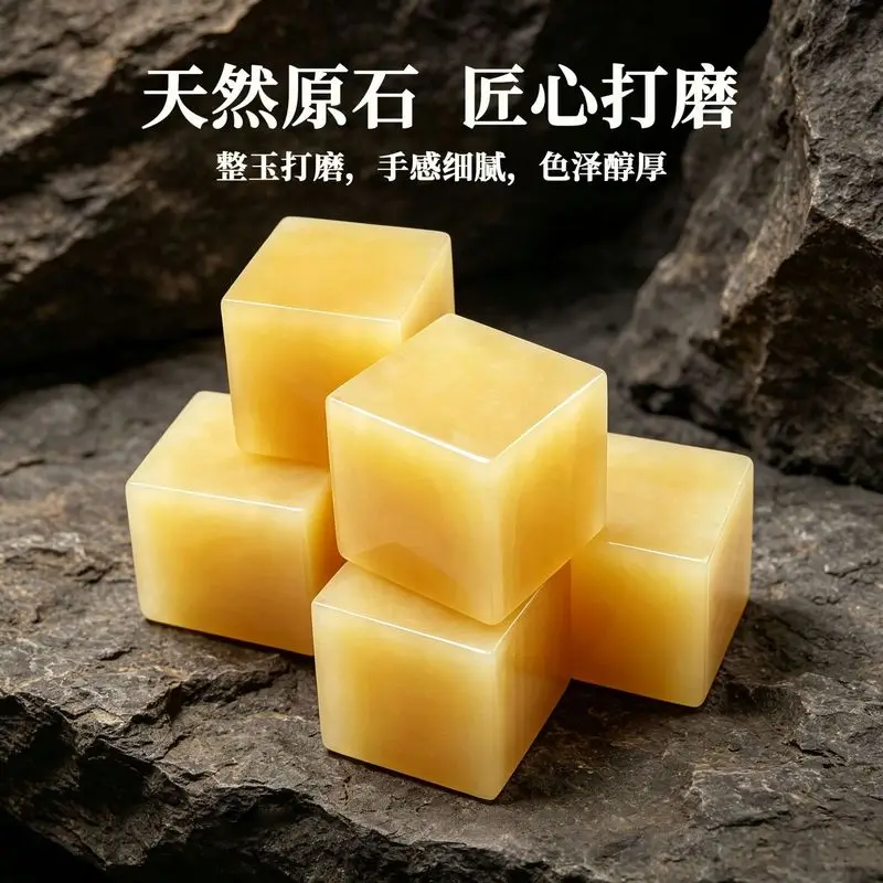 Yellow jade stone ruler and seal ornament Jade seal that can be engraved with name Jade fortune-bringing paperweight for the stu