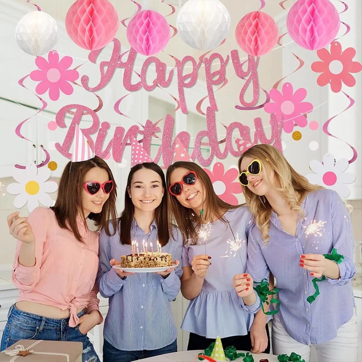 Birthday Decoration,Pre-Strung Happy Birthday Banner with Honeycomb Ball,Happy Birthday Party Decorations for Women Girl