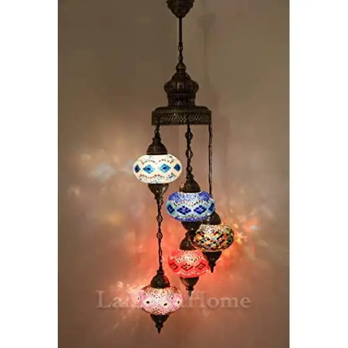 LaModaHome 40 + Unique Colors, 2020 Customizable Chandelier 5 Globes + Free 5 Bulbs, stunning Mosaic Turkish Lamp Moroccan Light