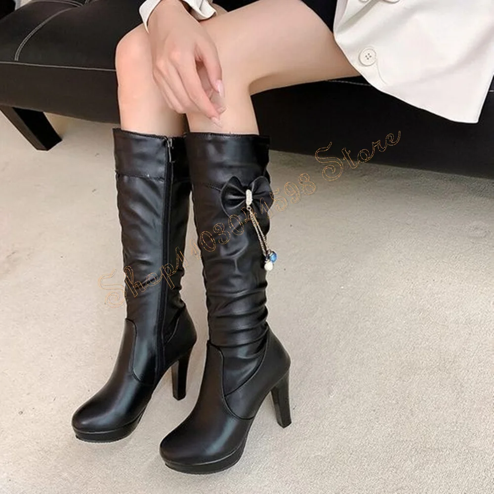 

Black Bow knot Decor Boots Sexy Side Zipper Pleated Matte Leather High Heel Shoes for Women Heels 2024 New Zapatos Para Mujere