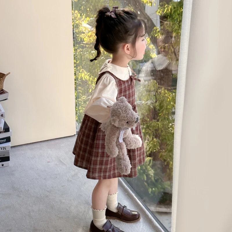 Kariertes Kleid-Set für Mädchen, Frühling und Herbst 2022, neue stilvolle Mode, langärmeliges Baby-Pinafore-Kleid für Kinder, zweiteilige Sets – Detail 18