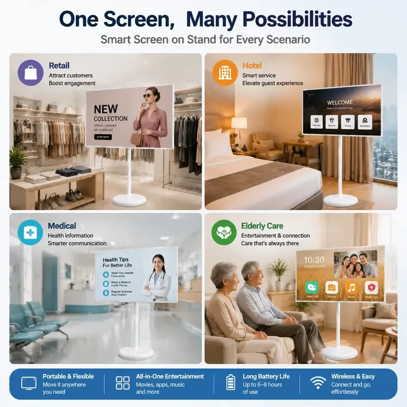 BOLRZO Factory 32-inch Mobile Smart Display Touch Screen Wheel Commercial TV