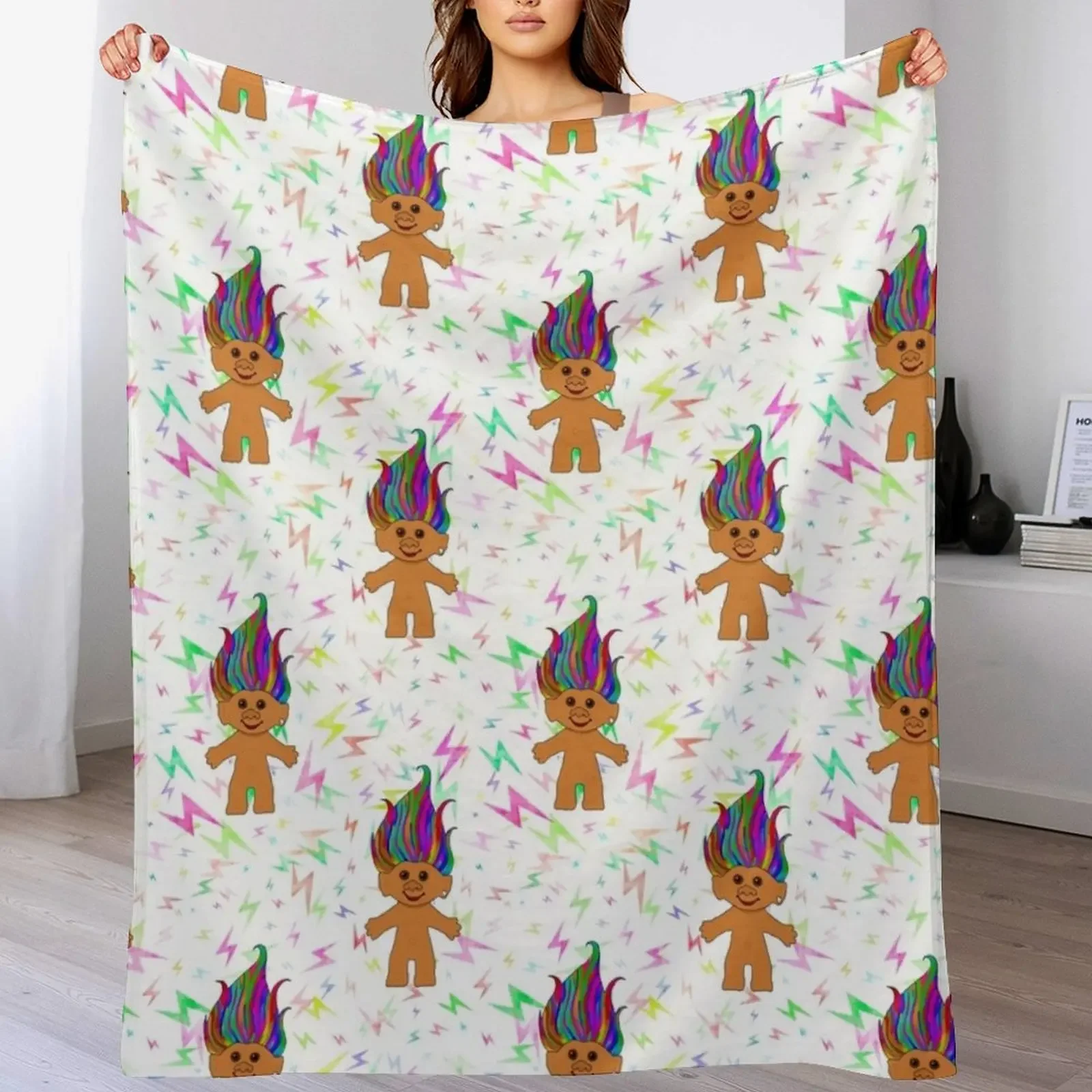 Colourful Retro Troll Doll Print for 90s Kids - Rainbow Hair Throw Blanket Stylish Decor Blanket Gift for Friends Roommate