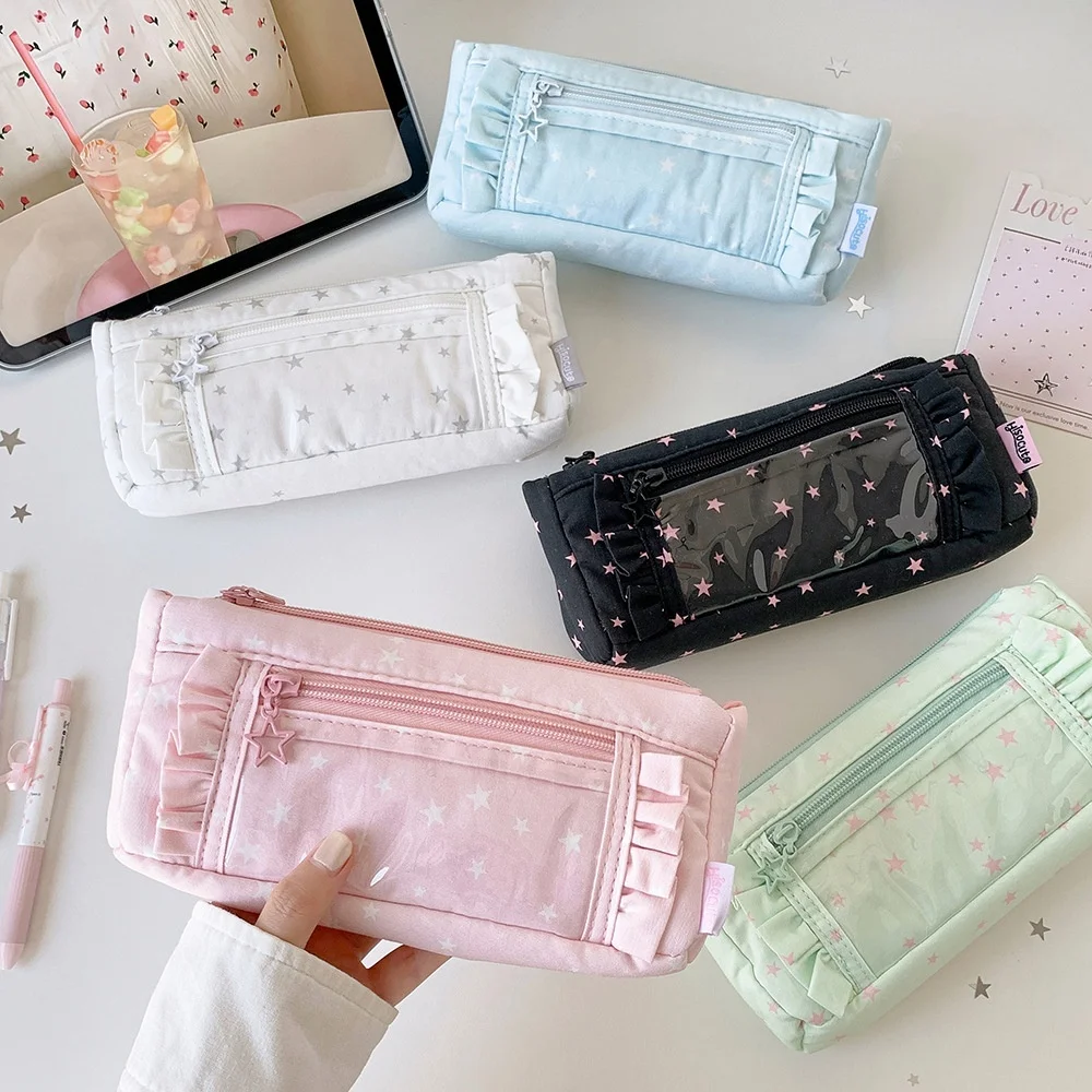 Ins Style Pen Bags Creative Y2k Stars Pattern Large Capacity Pencil Cases Sweet Lace Edge Canvas DIY Portable Stationery Bags