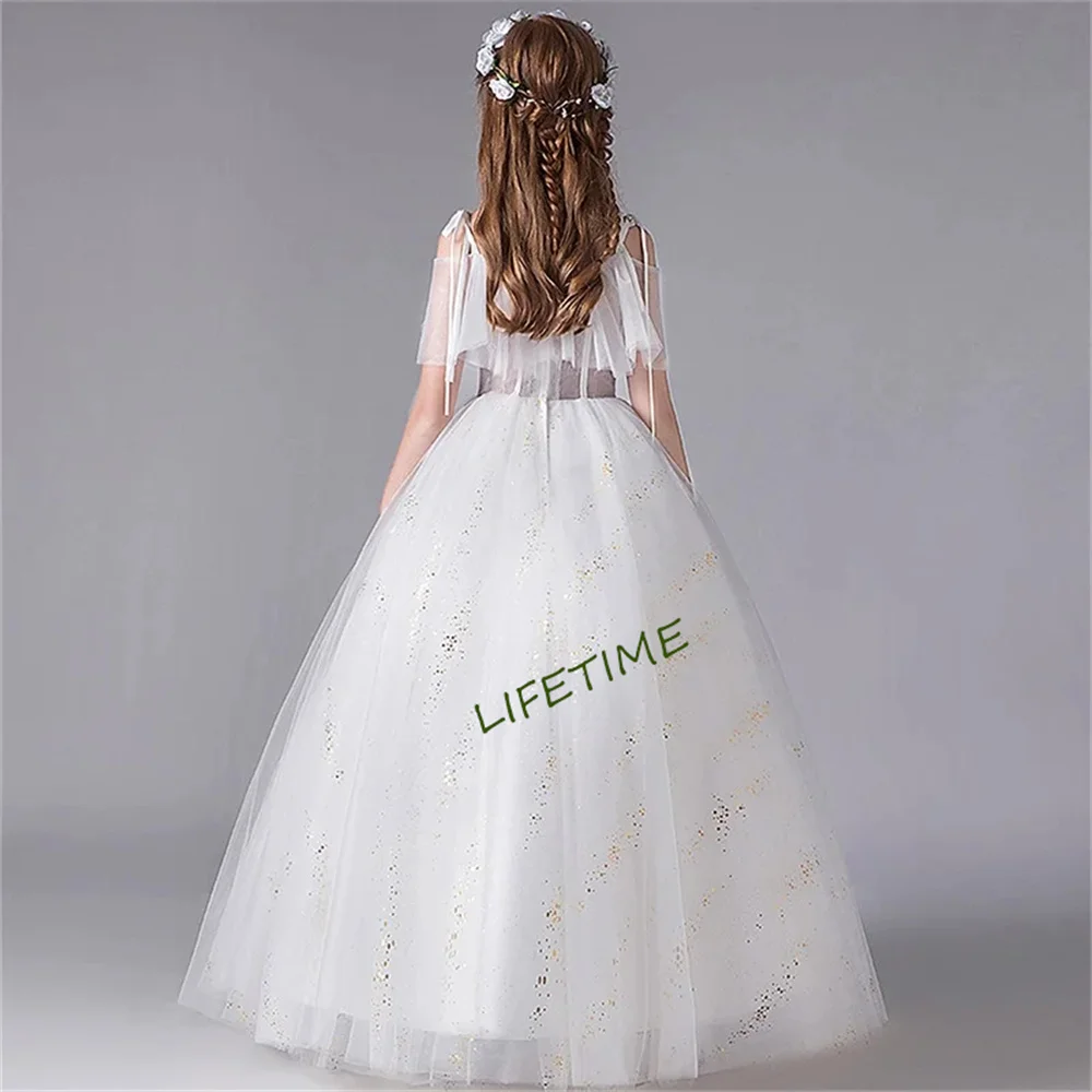 

Teenage Girls Princess Party Dresses for Wedding White Embroidery Birthday Ball Gown Sling Tulle Elegant Children Long Dress