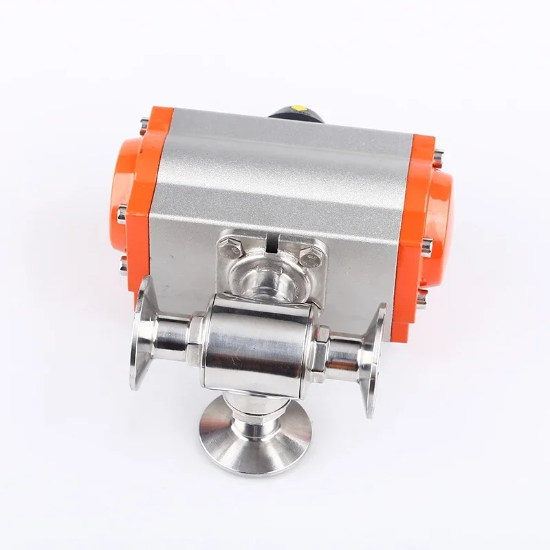 Sanitary 304 Stainless Steel Tri Clamp Ball Valve, 76mm 3 Way T/L Type Pneumatic Valve with Double Acting Cylinder