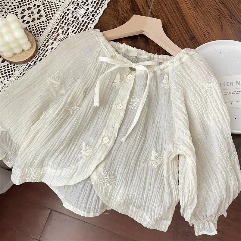 

Летнее детское тонкое пальто для девочек, жаккардовая шаль на шнуровке с бабочкой, свободный корейский кардиган с кондиционером для девочек