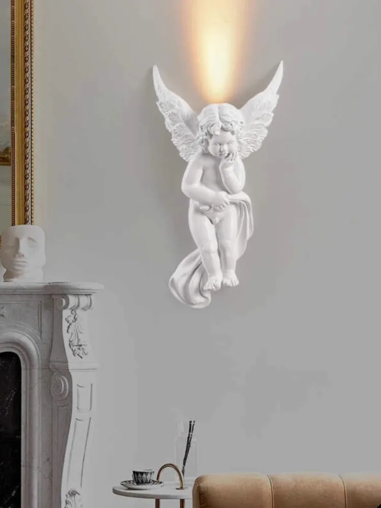 Estilo francês sala de estar fundo decoração da parede lâmpada retro arte corredor iluminação resina lâmpada led em forma anjo luz parede