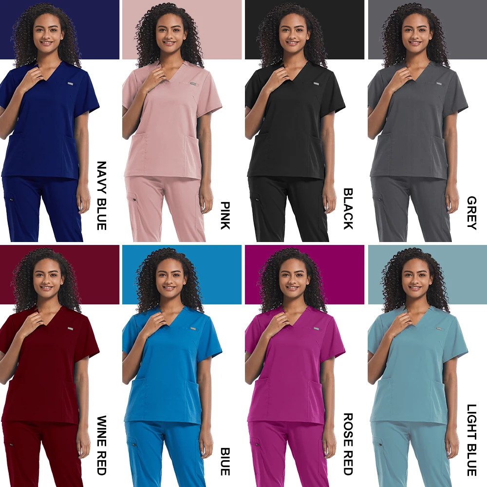 반팔 솔리드 의료 유니폼 남녀공용, 치과 클리닉 간호사 의사 스크럽 세트, 여성 수의학 반려동물 병원 작업복 수트