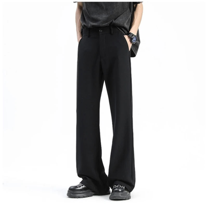 Summer Black Micro Flare Suit Trousers Men\'s Premium Feeling Ice Silk Loose Draped Casual Pants Button Comfortable