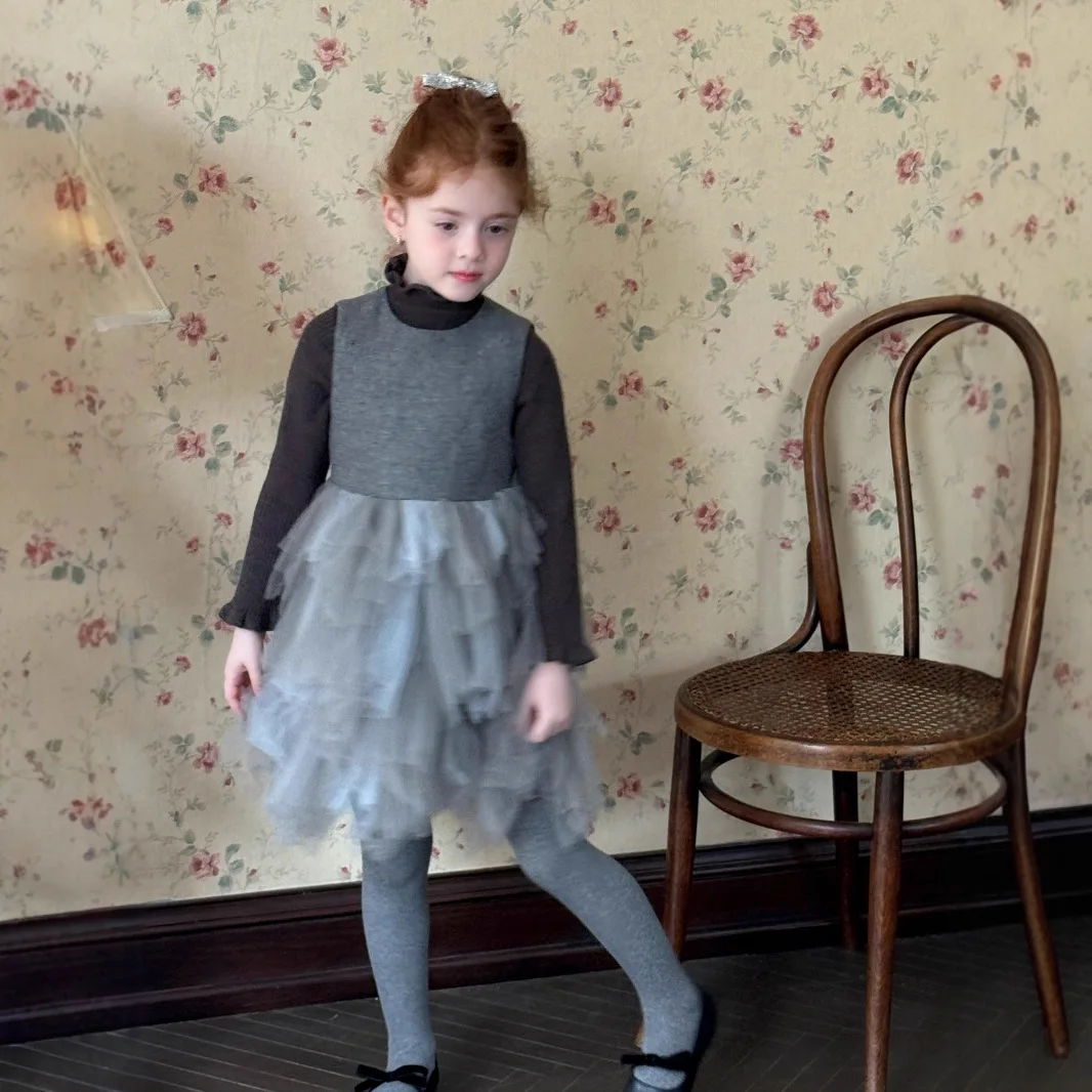 

Girls Dress 2025 Winter Korean Version Wool Mesh Vest Dress Retro Temperament Fashionable Daily Sweet Cute Casual