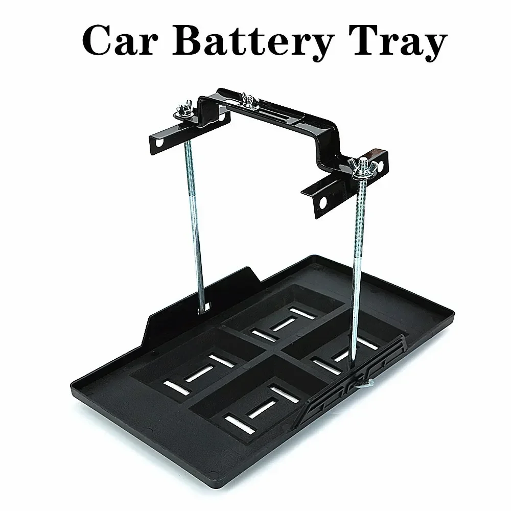 Automotive battery holder, plastic stabilized battery tray and adjustable clamping holder