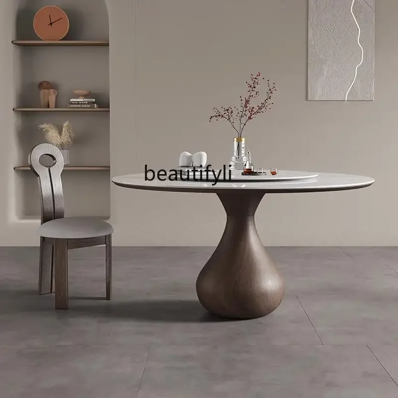 

Ash wood all solid wood round table household dining table combination designer travertine with turntable C56