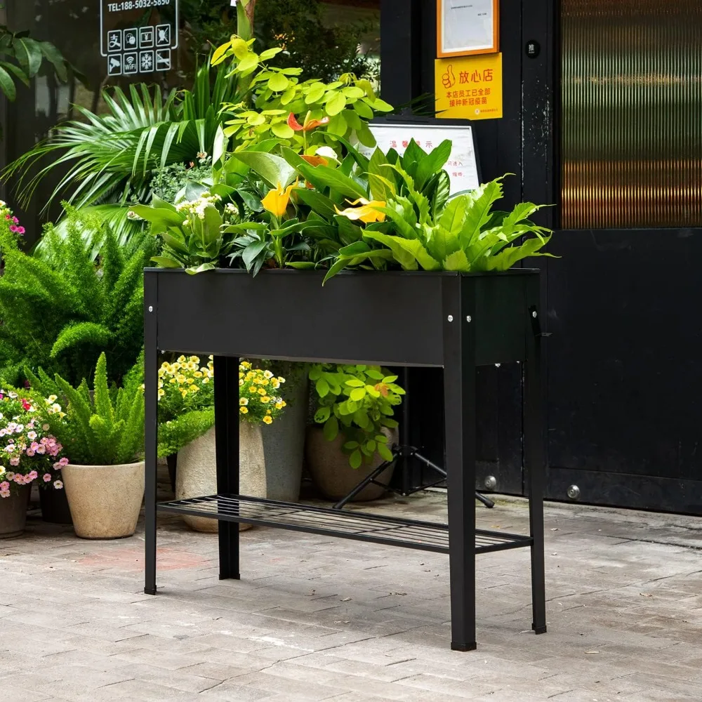 Elevated Metal Planter Box with Legs, Drainage Holes for Indoor Outdoor Gardening in Frosted Black