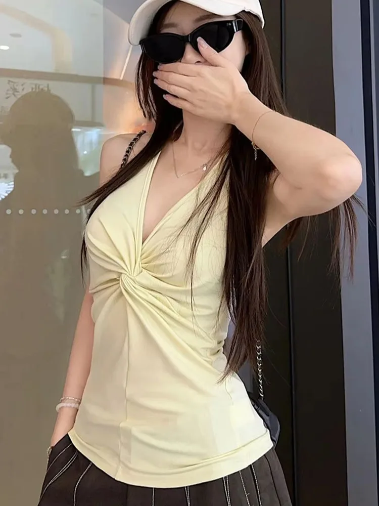 Y2k Aesthetic Casual Halter Stripe Tank Top Women Streetwear Slim Fit Pleated Crop Tanks Harajuku Grunge Vintage Solid Camisole