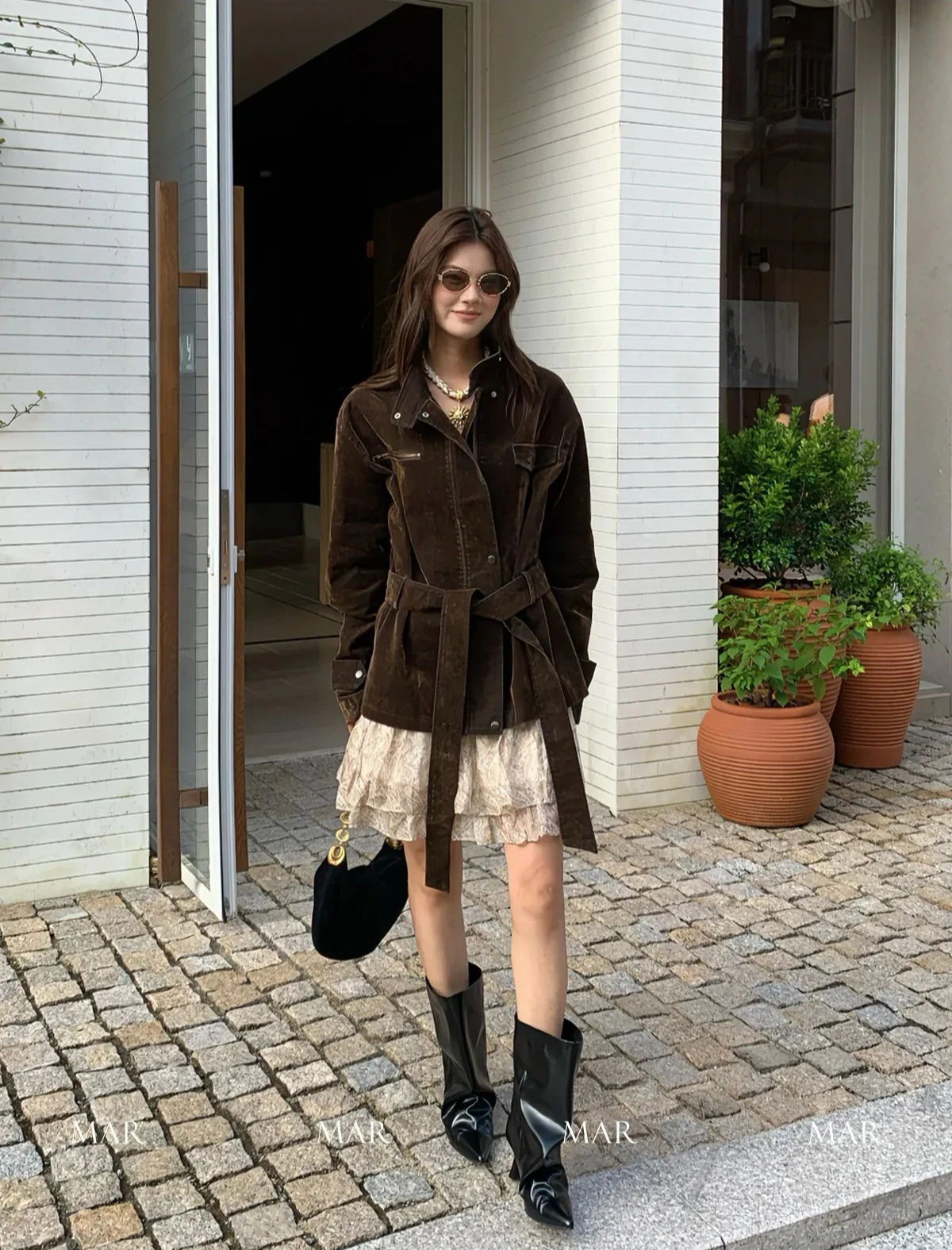 【MAR】Women Spring Autumn Vintage Maillard Coat Flocked Distressed Lapel Tie Waist Jacket