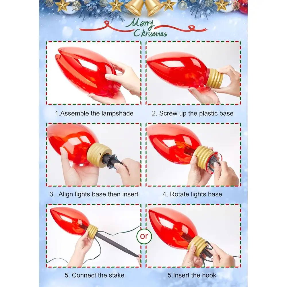 11ft 5 LED جامبو C9 أضواء عيد الميلاد في الهواء الطلق للمسار والحديقة، زينة متعددة الألوان مقاومة للماء لساحة العطلات والحديقة