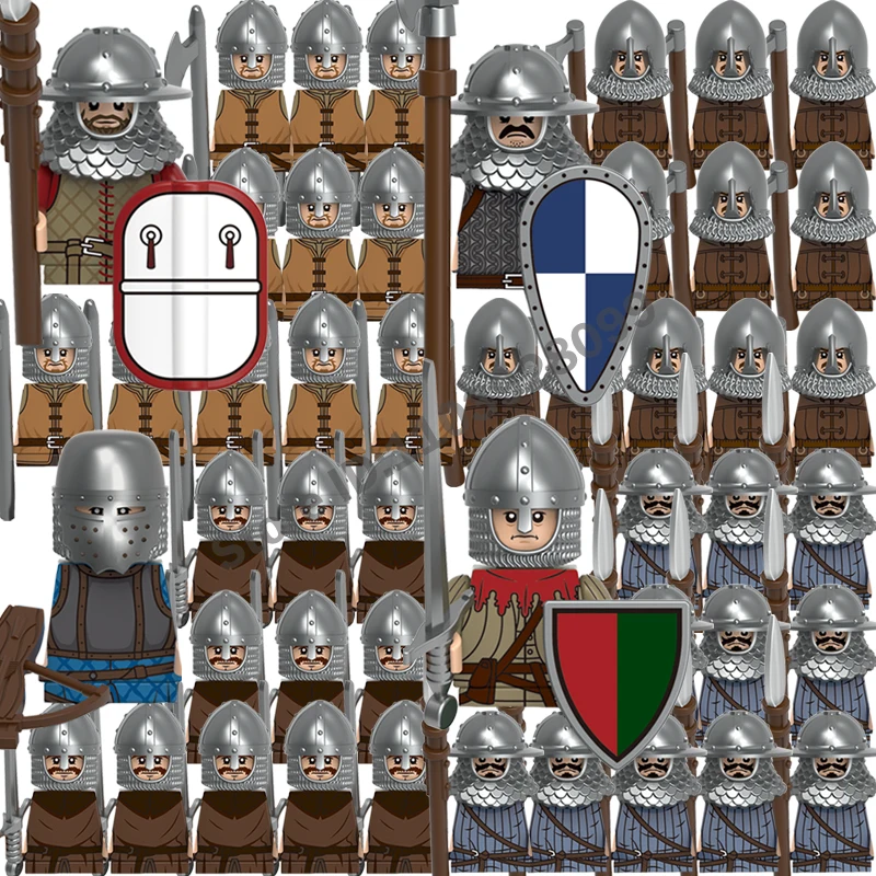 Figuras de soldado Medieval Militiaman, bloques de construcción, caballeros imperiales, guerrero, lancer, travestis, casco, escudo, campo de batalla, ladrillo