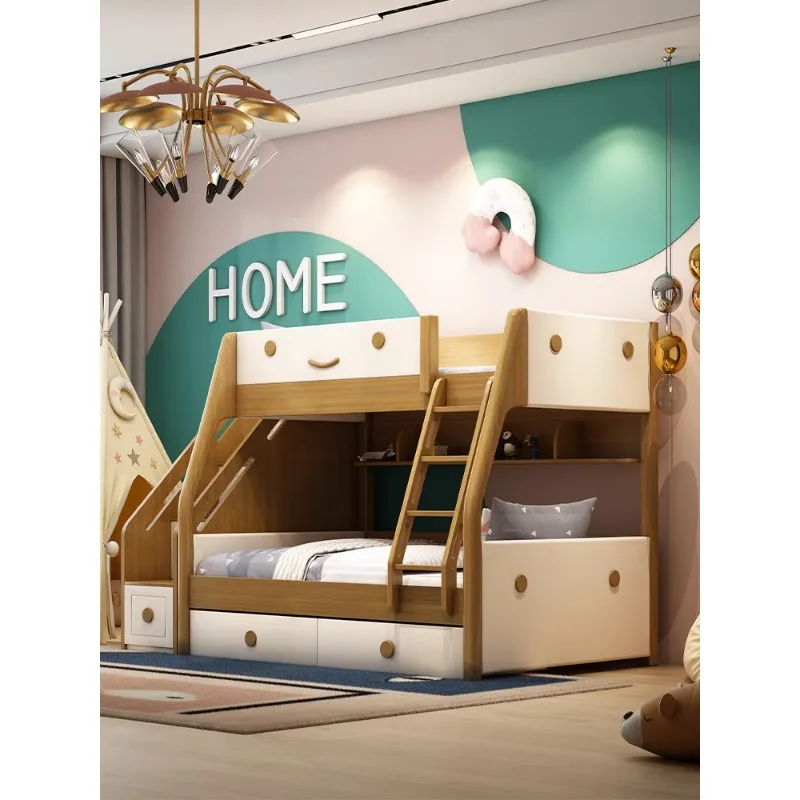 Full solid wood high and low boys, double decker adult and children's furniture with wardrobe, adult two decker child and mother