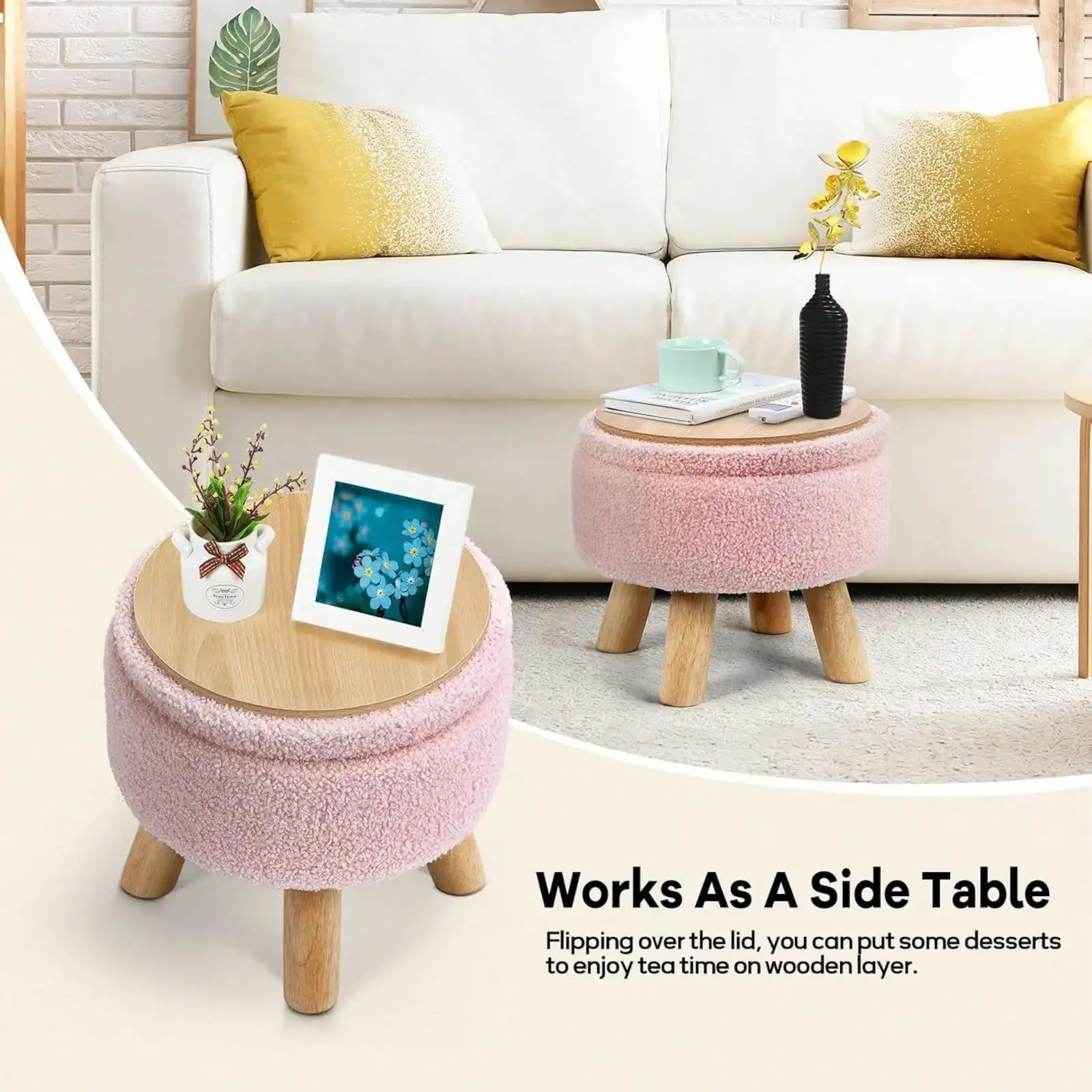 Small Round Ottoman With Storage, Boucle Teddy Velvet Footstool With Legs, Soft Sponge Storage Ottoman For Li