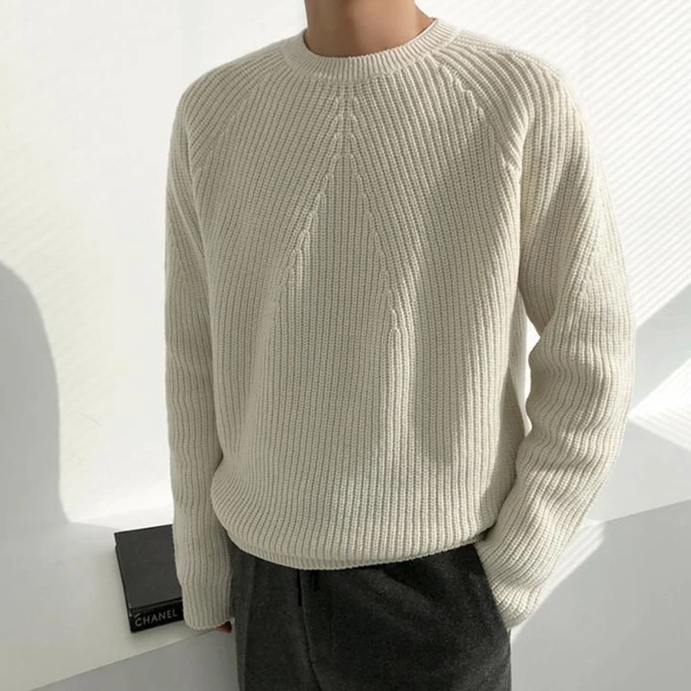 Mens Autumn Winter Korean Style Loose Round Neck Knitted Sweater Gender-Neutral Trendy Casual Solid Color Simple Sweater Unisex