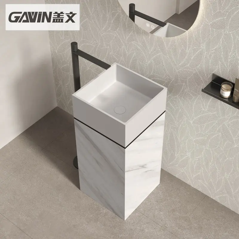 Gavin One-Piece Columnar Artificial Stone PMMA Washbasin Marble Grain Square Pedestal Sink for Hotel Home