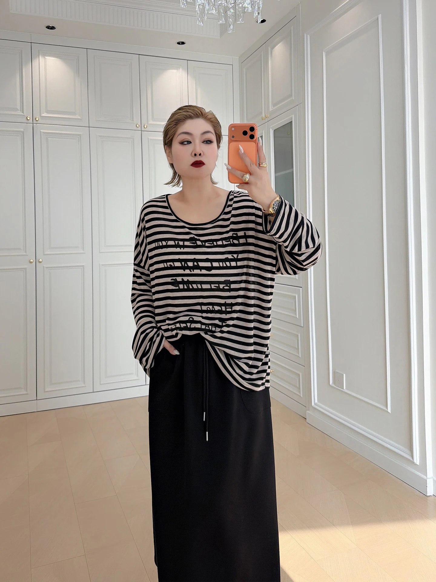 

plus Size Women's Slimming Striped T-Shirt Skirt Set Casual Loose Cover up Spring Fashion Ensemble High Waist A-Line Skirt