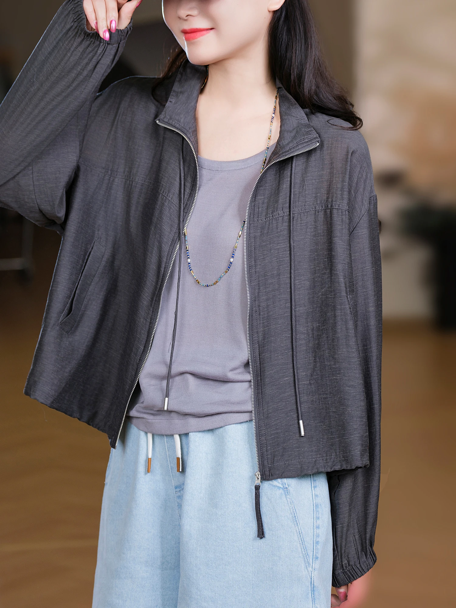 Light Oxygen Loose Reed Goods! Fine Shale Lyocell Cotton Inner Stitched Drawstring Thin Outerwear Casual Loose Style for Women