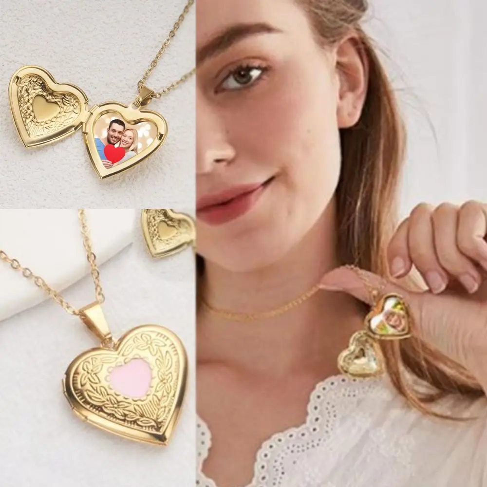 Openable Photo Picture Locket Necklace DIY Necklace Valentine's Day Floral Heart Necklace Heart Locket Necklace