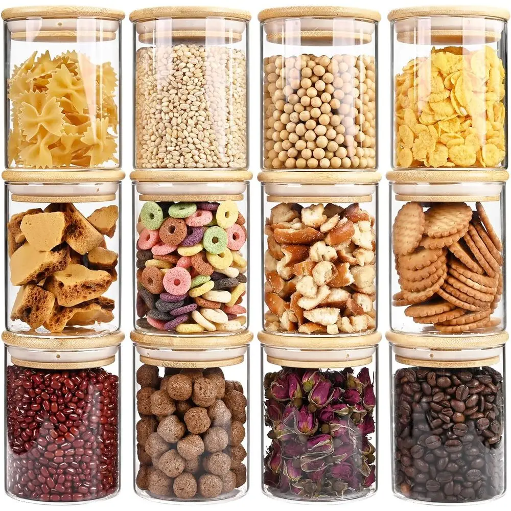 

17oz Glass ood Storage Jars, Glass Jars with Bamboo Lids, Kitchen Storage Jars, Set o 12, Canisters with Airtight Lids or Spice,