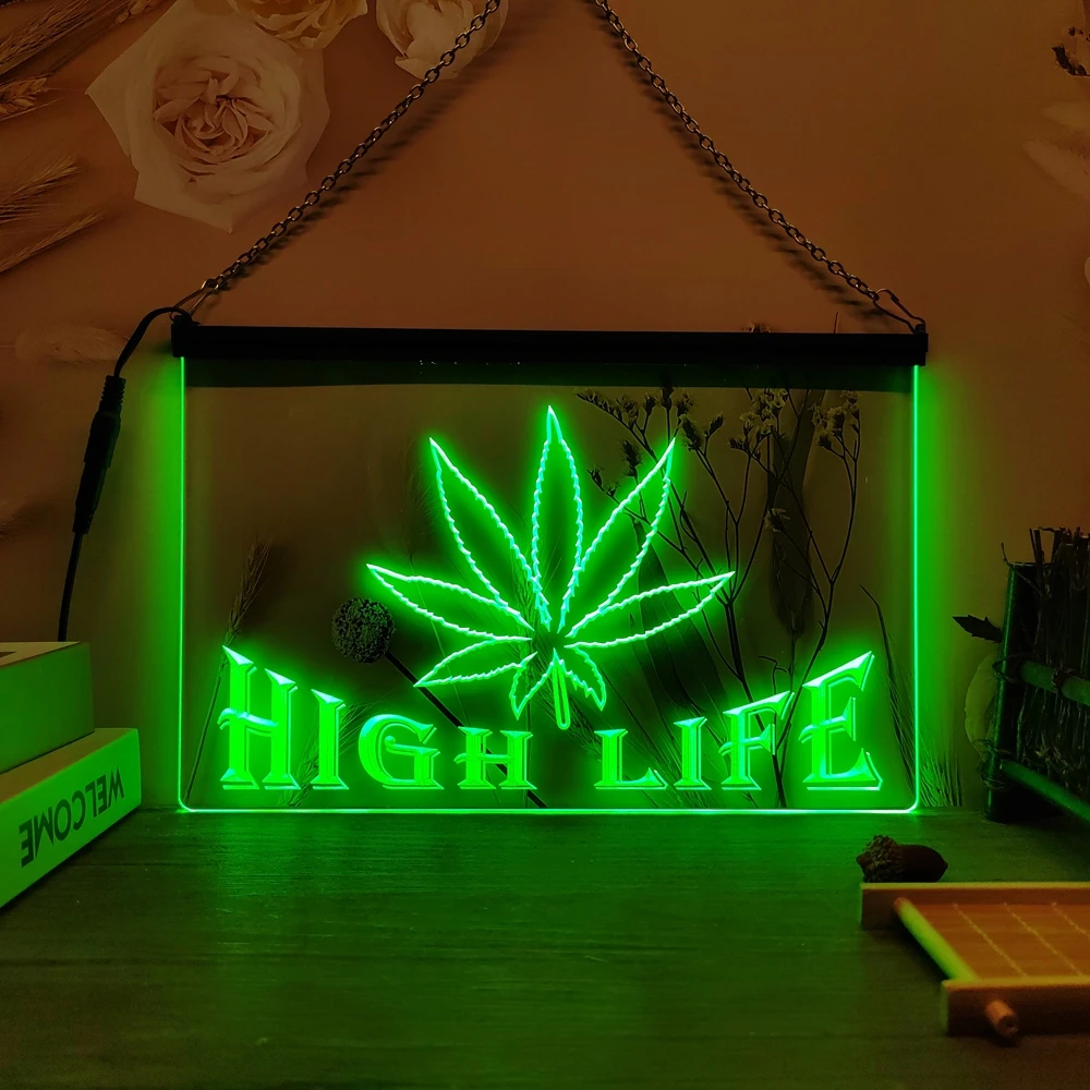 Marijuana Hemp Leaf High Life Bar 3D Carving LED Neon Sign Wall Art for Home,Farmhouse,Room,Bedroom,Office Decor,Unique,