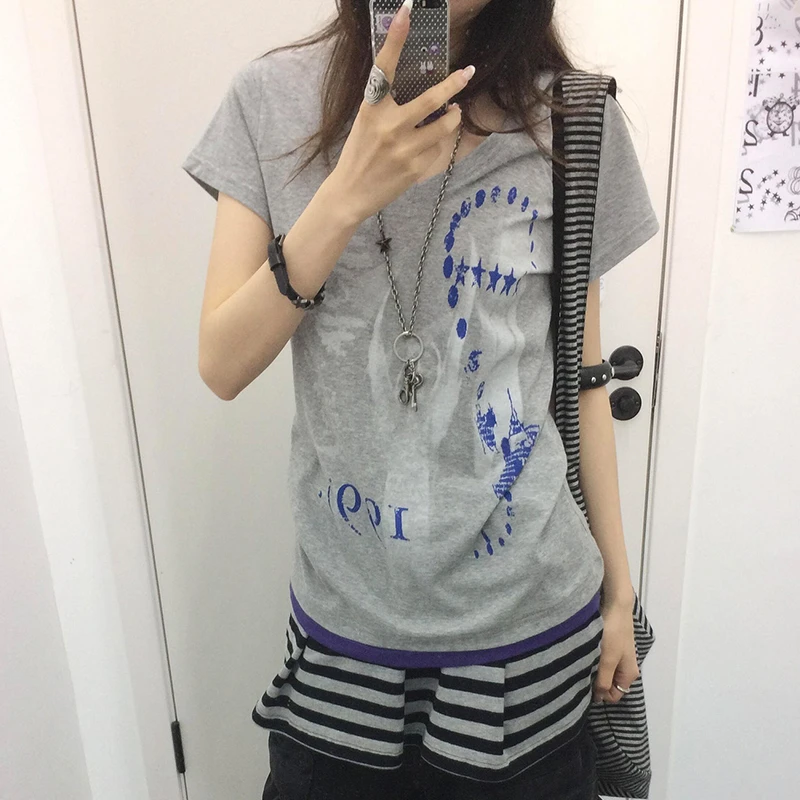 Tonngirls Harajuku Print T-Shirt Damen Kurzarm Y2k Vintage Tops Patchwork Grafik Tops American Retro 90er Streetwear T-Shirt – Detail 4