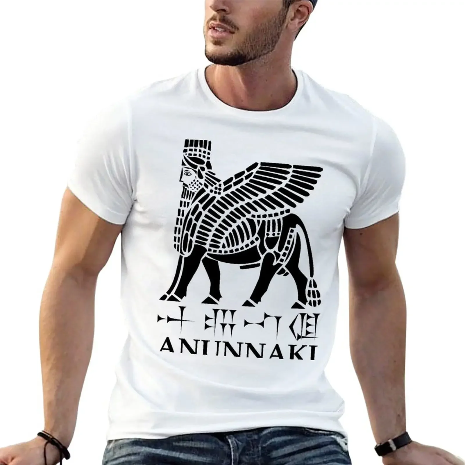 New Anunnaki Lamassu Cuneiform Text (Black/White) T-Shirt sublime summer man mens champion t shirts manga vintage anime clothes