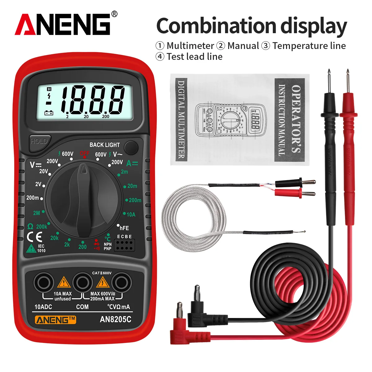 Aneng An8205c Digitale Tester Ac/Dc Ampèremeter Multimeter Volt Ohm Multimetro Meter Met Thermokoppel Lcd Backlight Draagbare Tools