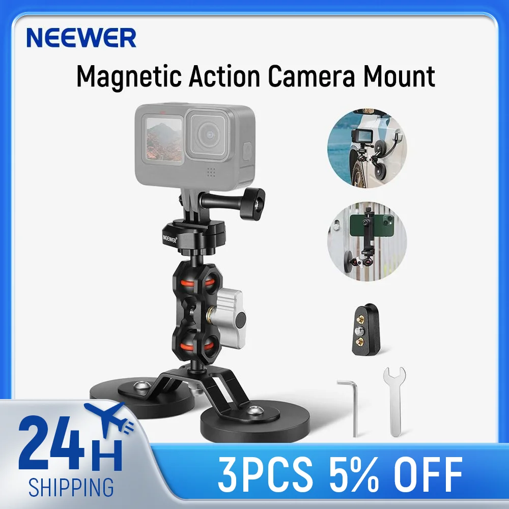 

NEEWER Magnetic Action Camera Mount with Dual 1/4" Ball Head Articulating Magic Arm Compatible with GoPro Insta360 DJI Osmo