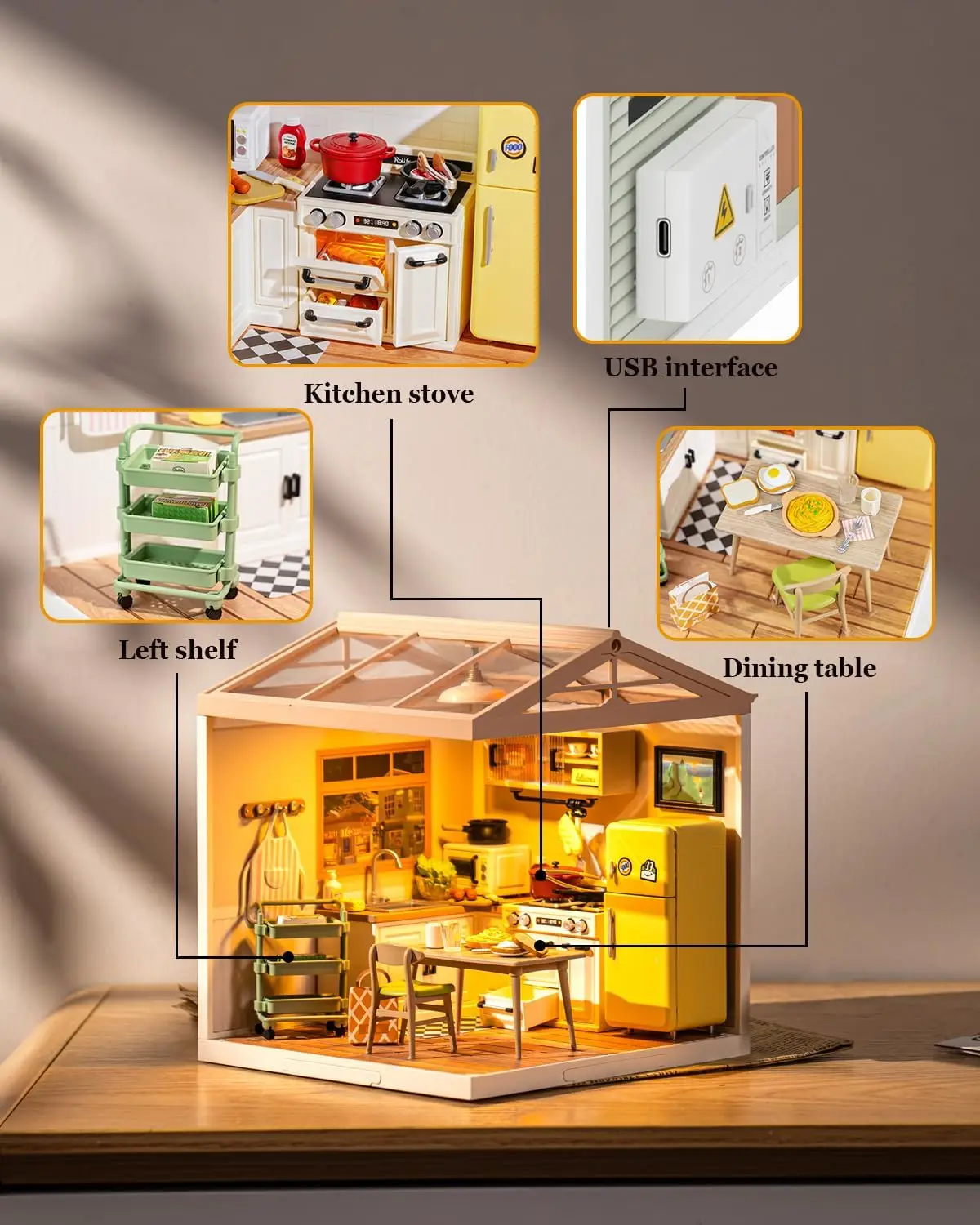 Robotime Kit casa in miniatura Kit casa delle bambole fai da te piccola stanza con Mini mobili pasti felici cucina per regali per ragazze adolescenti